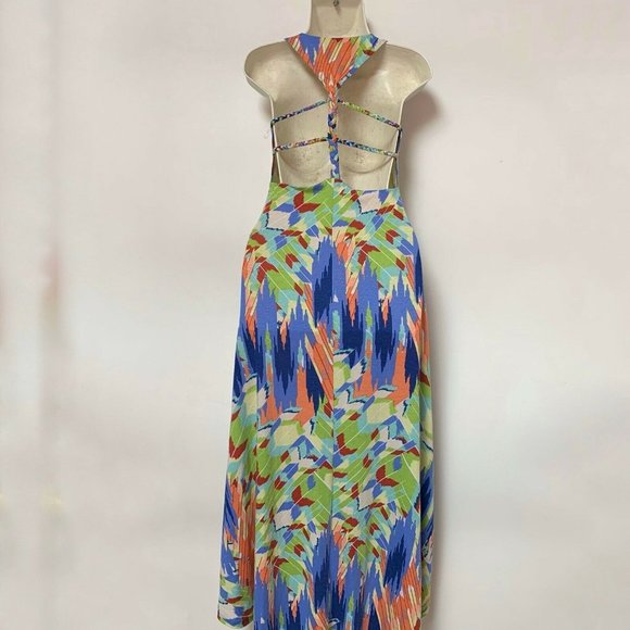 American Rag Dress Hi Low Halter Strappy Back Sleeveless Multicolor Blue Green - Picture 5 of 7